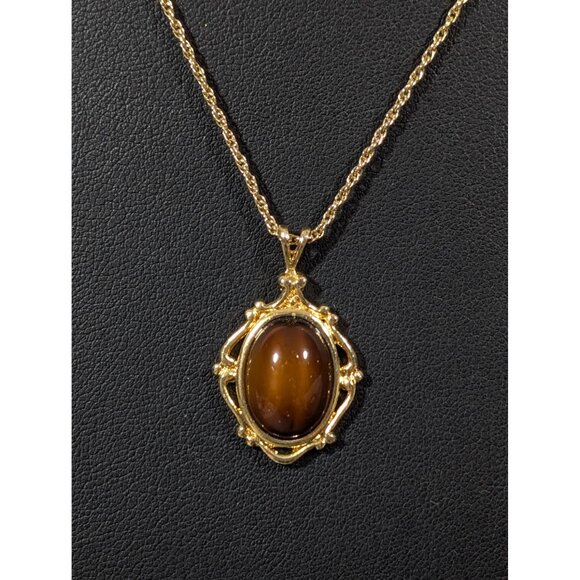 Vintage Avon Faux Tigers Eye Cabochon Pendant Necklace Gold Tone 18" - Picture 1 of 10